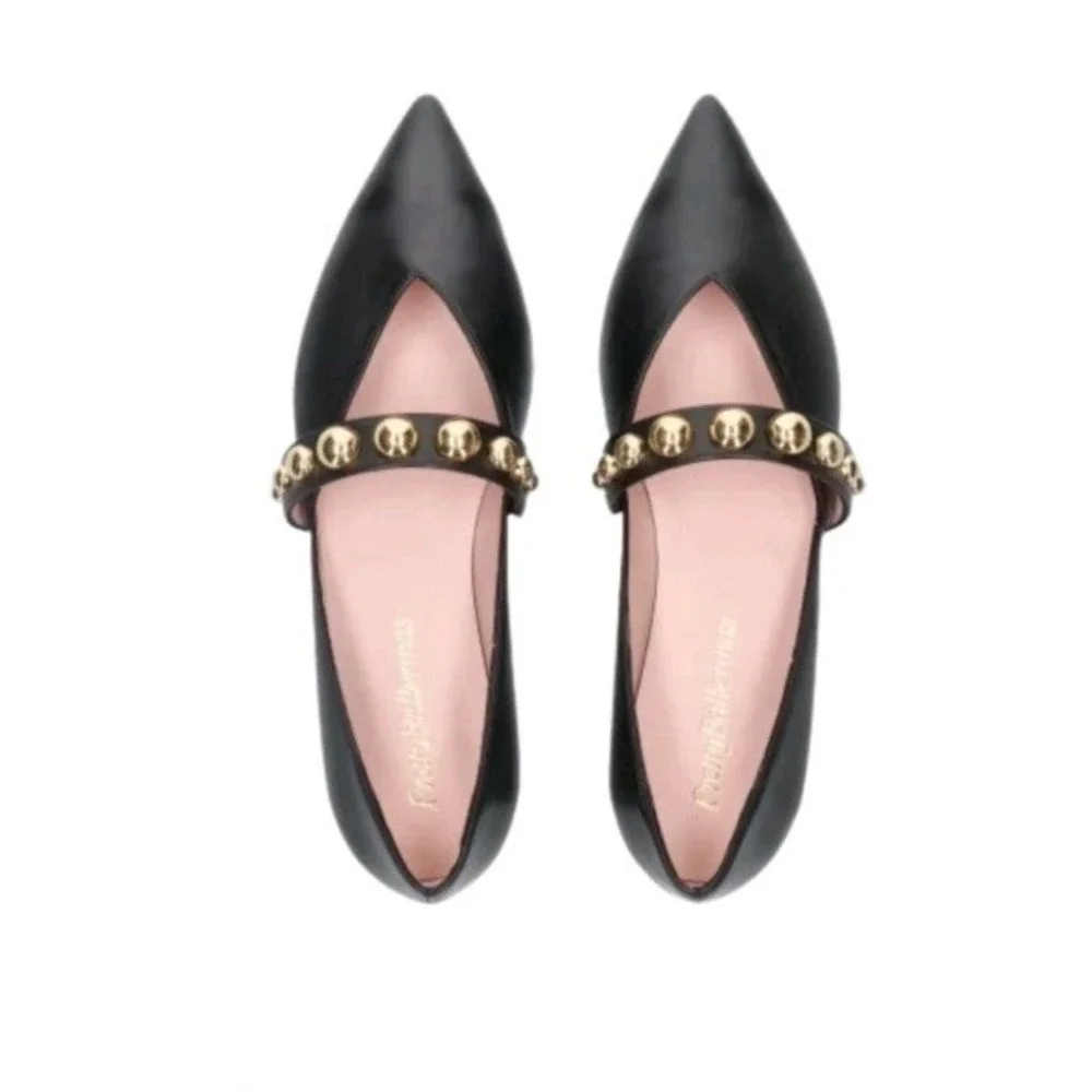 NEW! Pretty Ballerinas 8.5 Matava 50628 Black W/ Gold Embellished Point Toe...